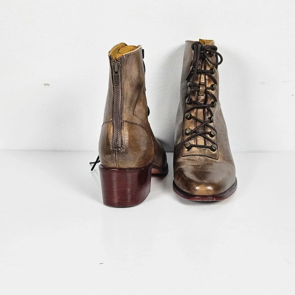 Free People Eberly Victorian Lace-Up Bronze Leather Ankle Boots Women Size 40
